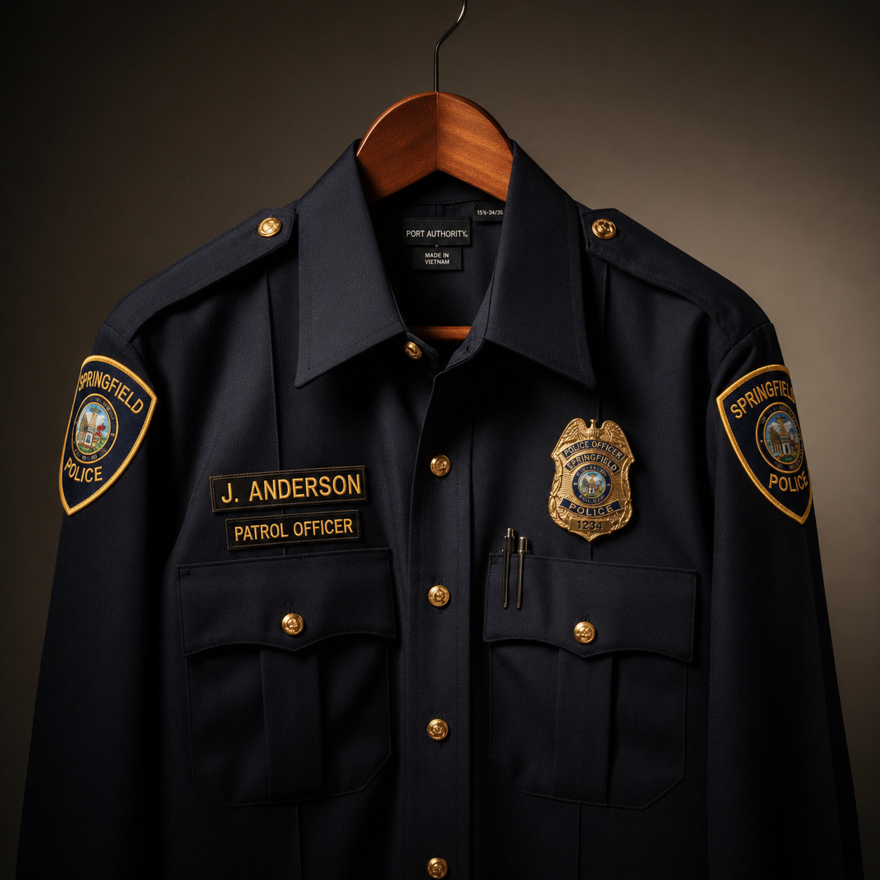 Navy police uniform shirt on wooden hanger with Springfield patches and badge